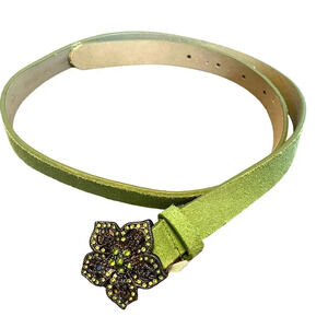 Genuine Leather Sued Flower Green Gemstones Belt Women Size XL 36”